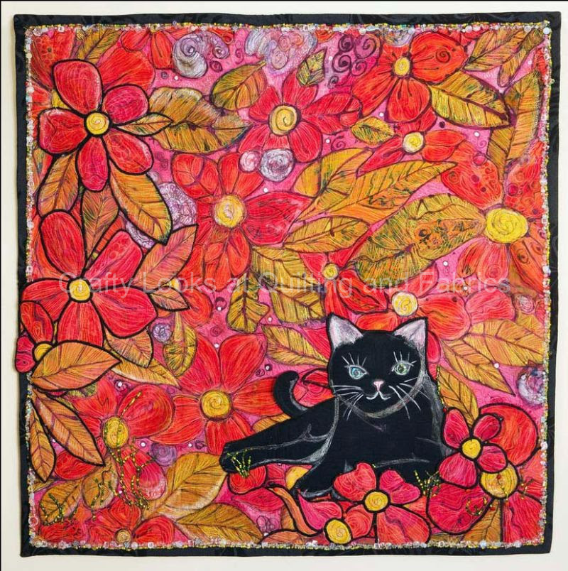 Black-Cat-Red-Flowers-Green-Leaves